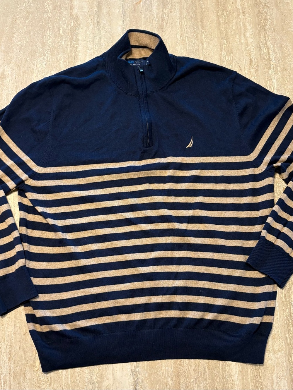 Nautica Navtech Mens XL Quarter Zip Sweater Striped Navy Beige Knit Pullover